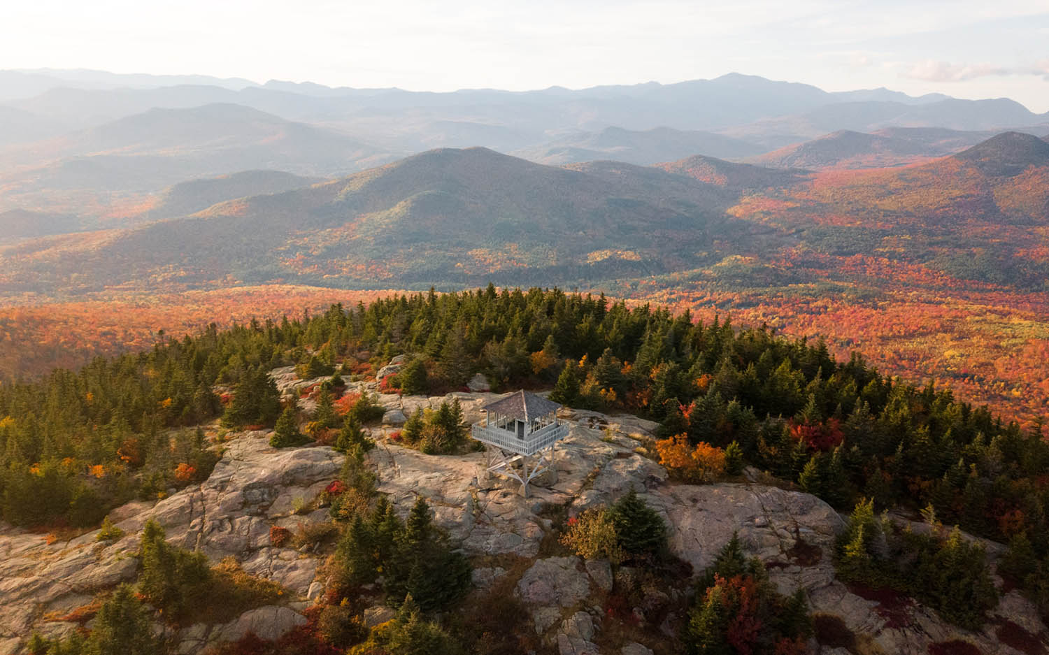 Areal view of mountains of fall foliage