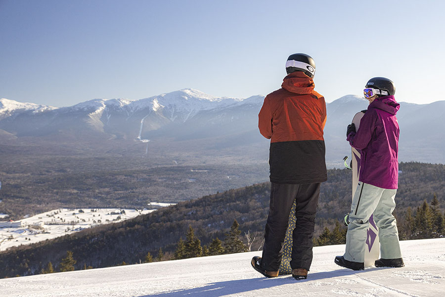 two snowmboarders admiring a winter view